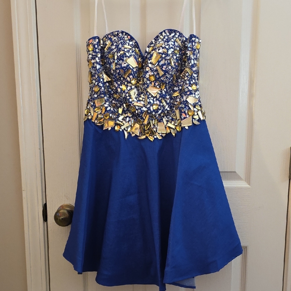 Mac Duggal Blue and Gold Embellished Prom Dress